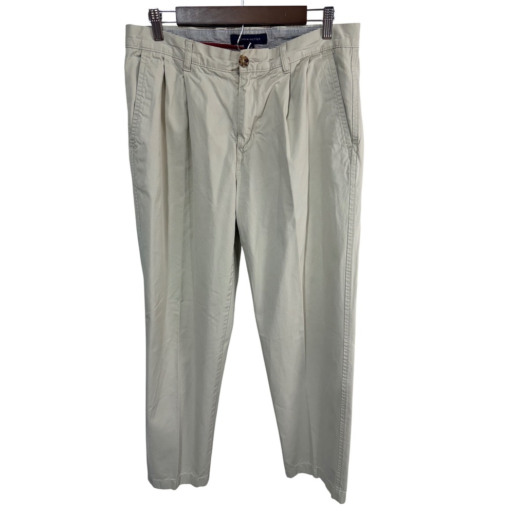 Tommy Hilfiger Pants Chino Pleated Men's 33/34 Beige 100% Cotton Preppy Classic